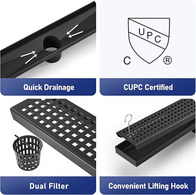 Linear Shower Drain 18", 304 Stainless Steel Floor Drain with Grid Drain Cover & Hair Strainer, Rectangular Shower Drain w/CUPC Certified, Matte Black
