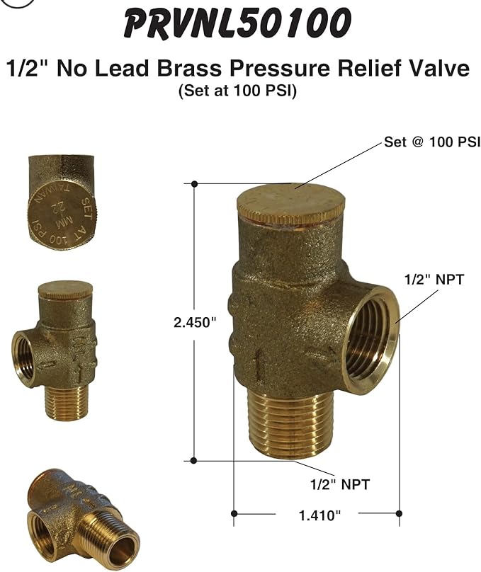 Merrill MFG Lead-Free 1/2" Pressure Relief Valve - No-Lead Brass, 100 PSI for Water Systems