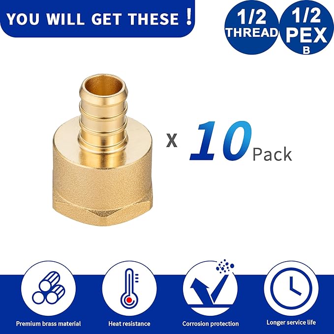 (10 Pack) Lidertik PEX Fittings 1/2 inch Female Adapter, 1/2" PEX-B x 1/2" NPT Female Threaded Adapter Brass LI-APXFA1212a(10 Pieces)