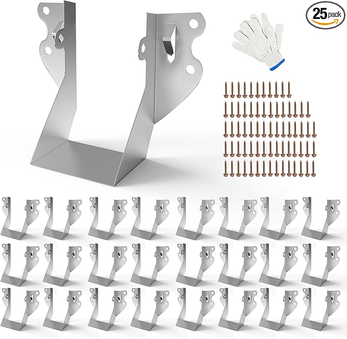 25pcs 2x4 Joist Hangers with Screws, 20-Gauge Galvanizing Face Mount Joist Hanger for Wood Posts, Hurricane Rafter Ties Clips, 2x4 Brackets for Floor Deck and Ceiling Trusses, Lumber Beam Connectors