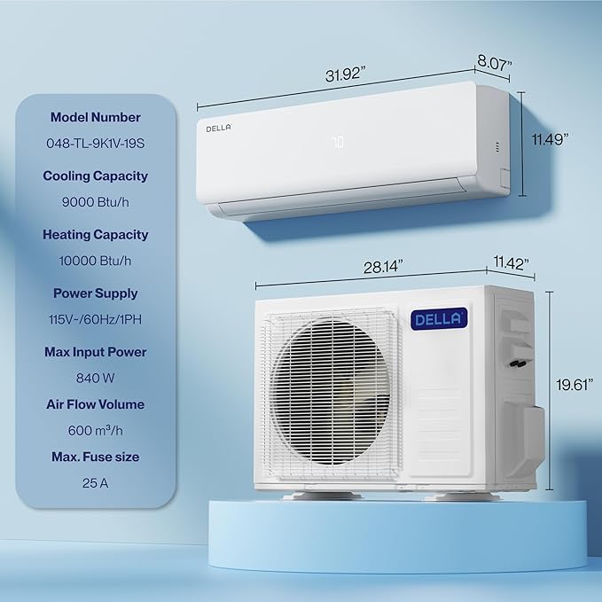 DELLA Vario Series 9000 BTU Mini Split Air Conditioner, Work with Alexa, 19 SEER2, Energy Star, Cools Up to 400 Sq.Ft, Ductless Inverter System, Heat Pump Pre-Charged and 16.4ft Installation Kits