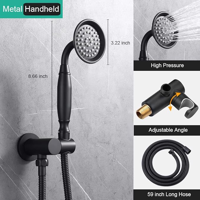 Homekice Antique Shower Faucet-Sets Complete Fixtures: 9 inch Ceiling Rain Head with Handheld Spray and Body Jets, 3 Way Diverter Brass Rough in Valve System Included Trim Kit, Matte Black