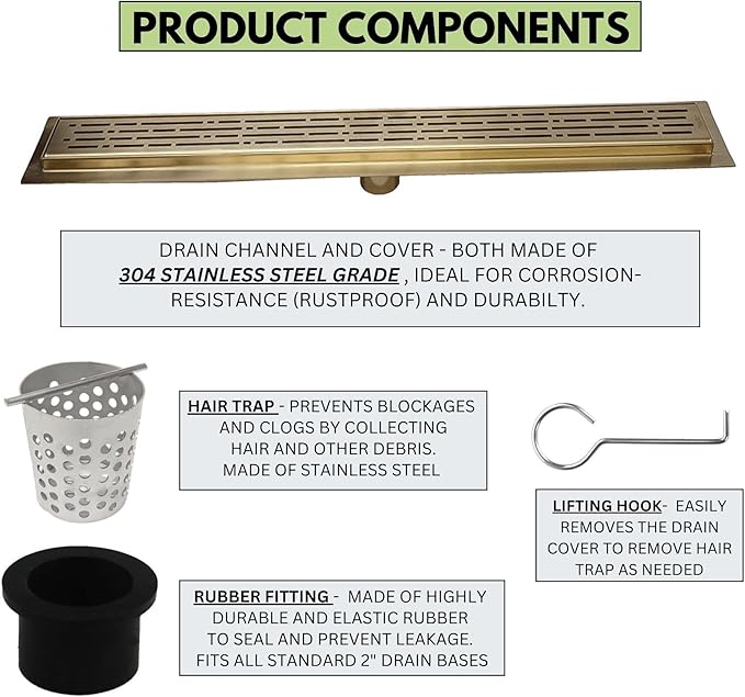 SereneDrains 304 Stainless Steel 30 Inch Brushed Gold Shower Drain Kit Broken Lane Brass Linear Shower Drains Long Hair Catcher Strainer Grate Cover Bathroom Floor (Matte Gold, 30 Inch)