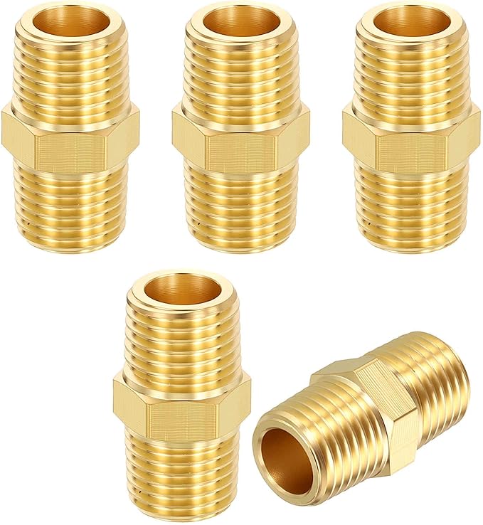 1 Pack Brass Pipe Fittings, 1/4" NPT Male to 1/4" NPT Male Brass Hex Nipple, Male Pipe Adapter Reducer for Air, Oil, LP