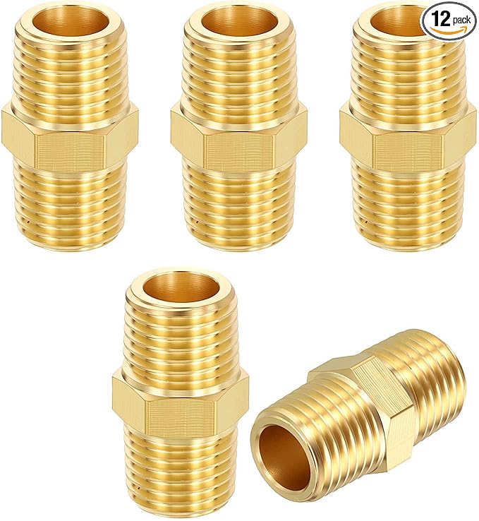 12 Pack Brass Pipe Fittings, 1/4" NPT Male to 1/4" NPT Male Brass Hex Nipple, Male Pipe Adapter Reducer for Air, Oil, LP