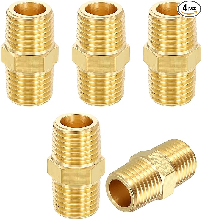 4 Pack Brass Pipe Fittings, 1/4" NPT Male to 1/4" NPT Male Brass Hex Nipple, Male Pipe Adapter Reducer for Air, Oil, LP