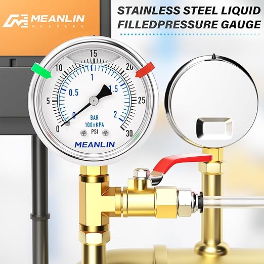 MEANLIN MEASURE 0~30Psi Low Liquid Filled Pressure Gauge Stainless Steel 1/4" NPT 2" FACE DIAL for Pool Sand Filter Water Oil Air Pressure Test Lower Mount, with Hex Bushing and 2PCS Snaps