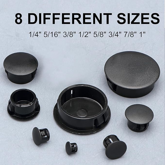 250 PCS 8 Sizes Nylon Plastic Hole Plugs Black 1/4" 5/16" 3/8" 1/2" 5/8" 3/4" 7/8" 1" Hole Plugs for Round Holes, Screw Hole Covers, Base Plugs, Furniture & Cabinet Hole Cap - Black