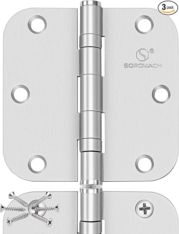 304 Stainless Steel Hinges 5/8 Radius Corners 3.5'' Ball Bearing Brushed Satin Nickel Door Hinges for Interior Exterior Door-3 Pack