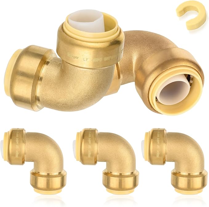 5-Pack HeSun Pushfit 90 Degree Elbow, 1" x 1" Push to Connect Plumbing Fittings with Disconnect Clip, Brass Push-fit Fittings for PEX, Copper, CPVC, PE-RT Pipes(PF050-5)