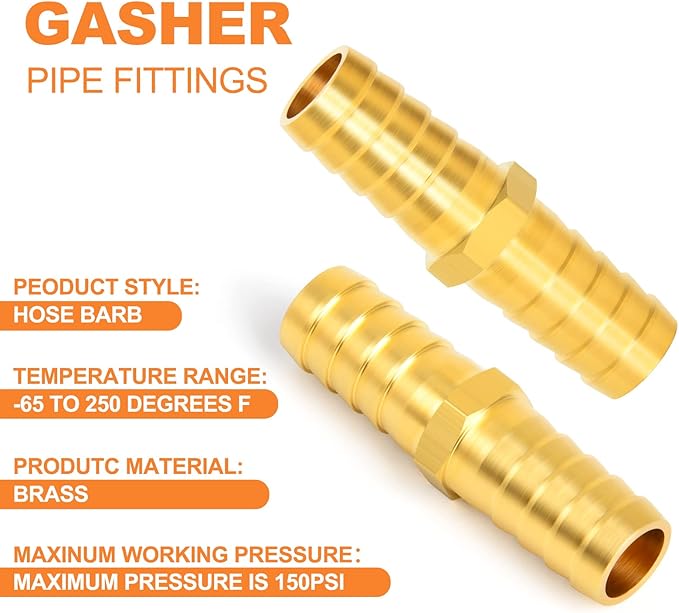 GASHER 20 Pieces Brass Hose Barb Reducer, 3/8 Inch to 3/8 Inch(9.5mm) Hose ID with 40 Hose Clamp, Brass Barb Reducer SPLICER Fitting Fuel/AIR/Lquid/Oil/Gas/WOG