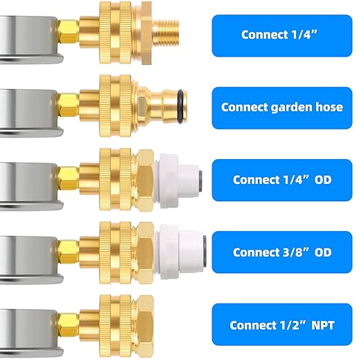 MEANLIN MEASURE 0~200Psi Stainless Steel Frame 3/4" Female Liquid Filled Pressure Gauge kit Plus 5 adapters, 2.5" FACE DIAL Multi-Purpose Pressure Gauge kit, Suitable for Gardens, Water Pipes, etc