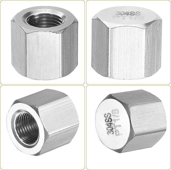uxcell 4pcs Hex End Cap 304 Stainless Steel Nut with Washer, PT 1/8" Female Thread Pipe Fitting, Gas Line Water Line Stop Valve Cap Tubing Ends for Plumbing Fittings, Silver Tone