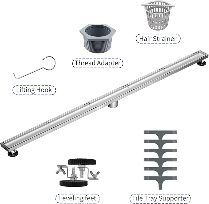 Linear Shower Drain 54", Brushed Floor Drain with Tiled Insert Grate & Hair Strainer, 304 Stainless Steel Bathroom 2-in-1 Tiled in Drain, CUPC Certified (Brushed, 54'')