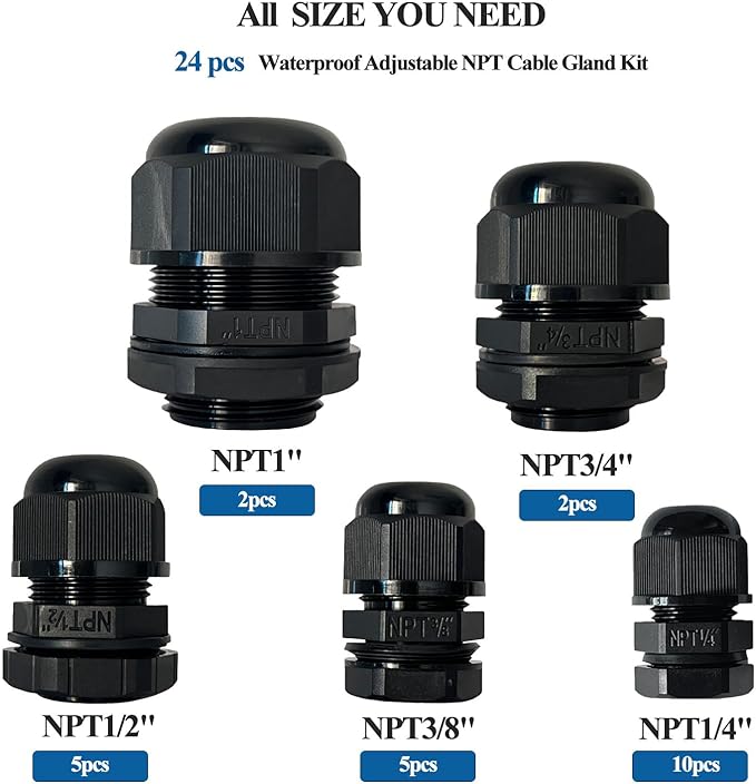 24P Black Cable Glands Adjustable NPT Waterproof Glands 1/2" 3/8" 1/4" 3/4" 1" Cord Grip Strain Relief Wire Plastic Cable Connector NPT Waterproof Grommet Electrical Conduit Fitting Bulkhead Connector