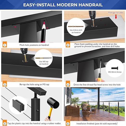 2Pack 4FT T304 Stainless Steel Black Handrail with End Cap Kits for Cable Railing System Posts Kit, Cuttable Rectangular Handrails Flat Top Rail - 2.36" W x 1.18" H