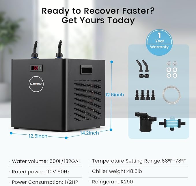 BAOSHISHAN 1/2hp Cold Plunge Chiller, 132gal Water Chiller for Ice Bath with Filter, Hose, Water Pump, Quiet Ice Bath Chiller for Athletes Recovery Cold Therapy Home Use