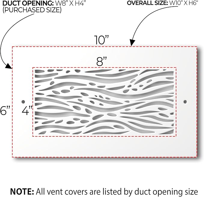 SABA Home Decor White Air Vent Cover - Acrylic Plexiglass 4" x 8" Duct Opening (6" x 10" Overall) Return Grille Decorative Covers for Walls & Ceilings NOT for Floor USE, Waves