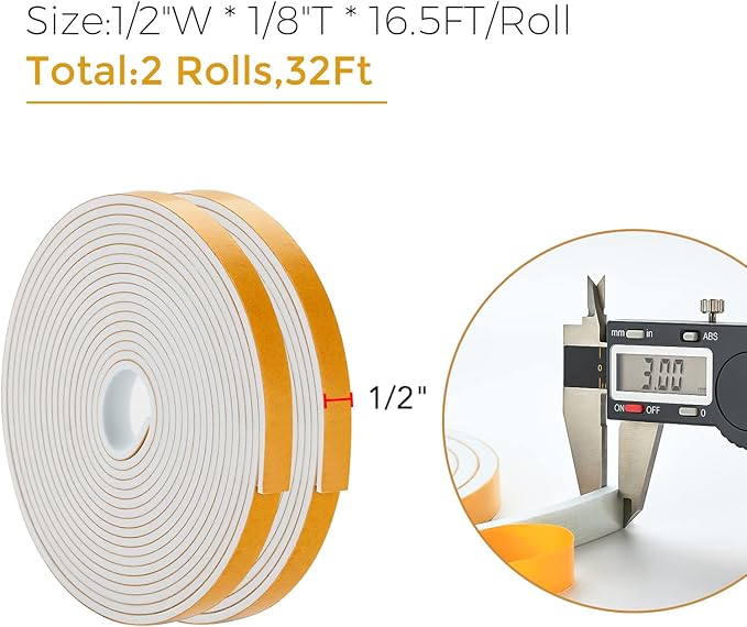 Ravinte 32 Feet Weather Stripping Door Seal, 1/2" Wide x 1/8" Thick, White, CR Foam & Neoprene, Soundproofing, Air Leakage Protection