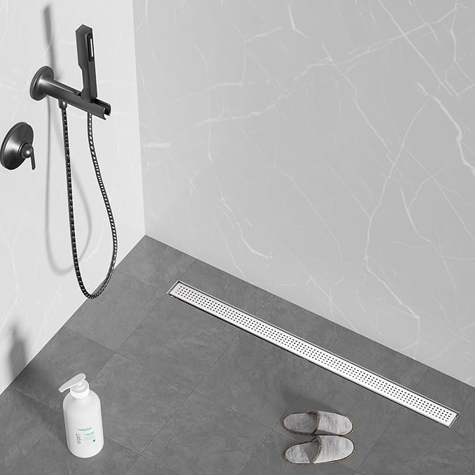 36 inch Linear Shower Drain with Square Hole Pattern Grate Cover, Brushed 304 Stainless Steel Bonding Flange Linear Drain, Low Profile Linear Shower Drain with Hair Strainer