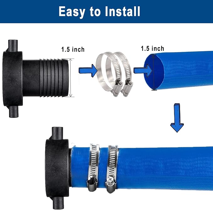 EASTRANS Poly Female Hose Fitting with Nut, 1.5 inch Polypropylene Pin Lug Hose Shank Coupling with 1 Clamp