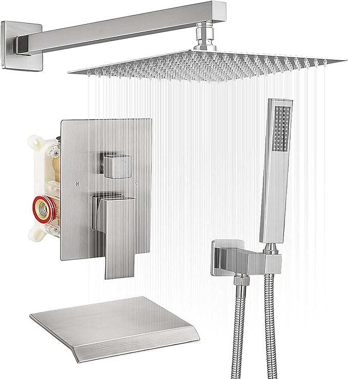 BWE 12 Inch Shower System Brushed Nickel with Waterfall Tub Spout Complete Set Square Luxury Rain Shower Faucet Set Pressure Balancing 3-Function Wall Mount Rough-in Valve Body and Trim Included
