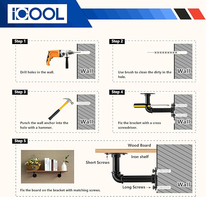 ICOOL 10 Pack 7" Industrial Pipe Shelf Bracket, Heavy-Duty Unibody Shelf Bracket for 8 10 12 14 inches Board, Rustic L Floating Shelf Supports for Home