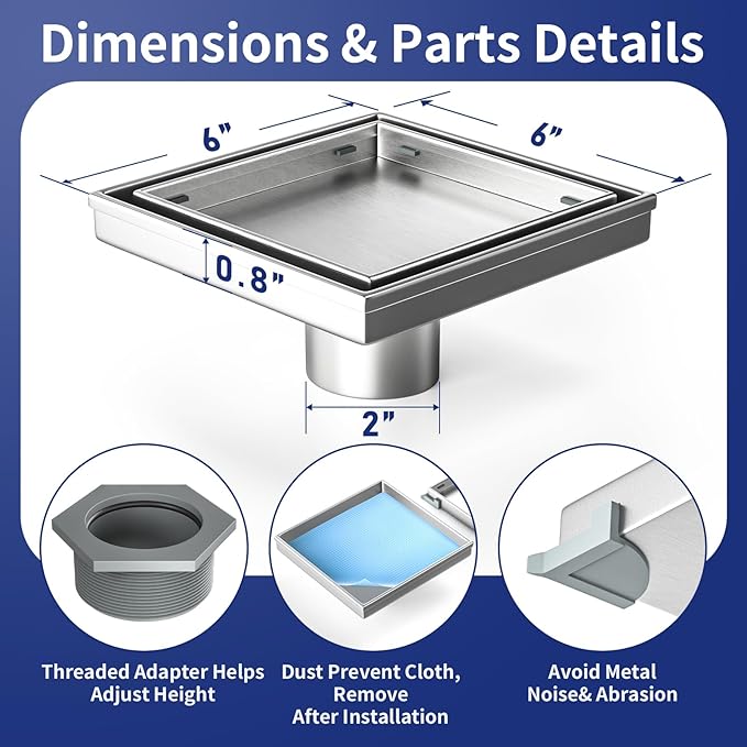 Square Shower Drain 6" with 2" PVC Flange Base, 304 Stainless Steel Tile in Floor Drain w/Tiled Insert Grate & Hair Catcher, CUPC Certified(Brushed, 6'')