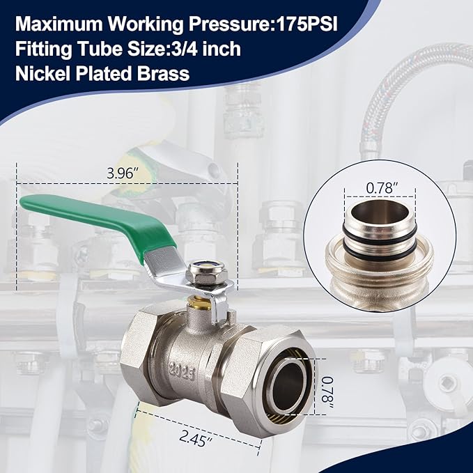 1 Pack 3/4" to 3/4" Nickel-Plated Brass Ball Valve, In-Line Air Hose Piping Shut-Off Fittings for Shop/Garage Compressed Air Line System, Max Working Pressure 175PSI