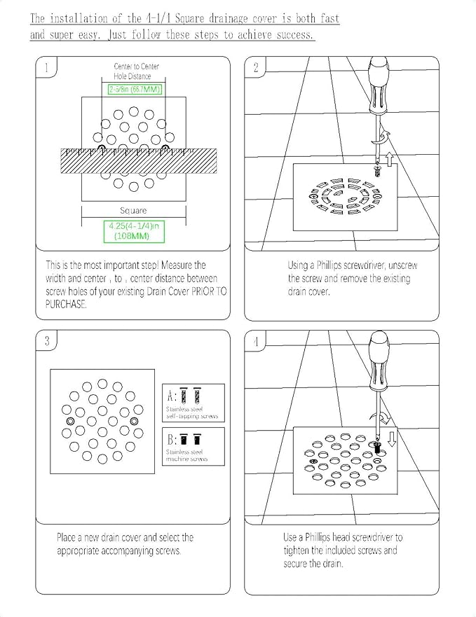 4-1/4 Inch Screw-in Square Floor Drain Cover Replacement Shower Grates with Screws (Chrome)