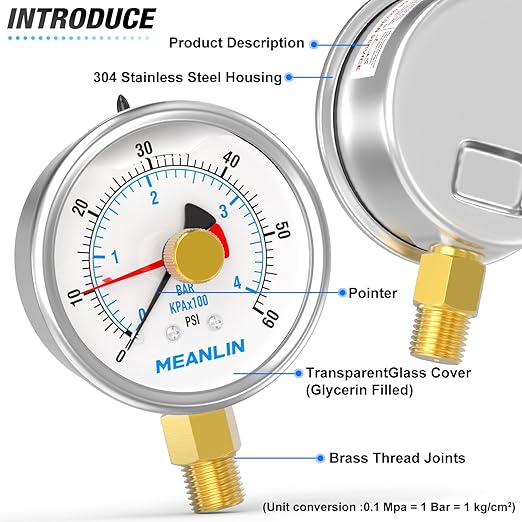 MEANLIN MEASURE 0~60Psi Stainless Steel 1/4" NPT 2.5" FACE DIAL with Reset Pointer Liquid Filled Pressure Gauge WOG Water Oil Air, Lower Mount, with Brass Hex Bushing