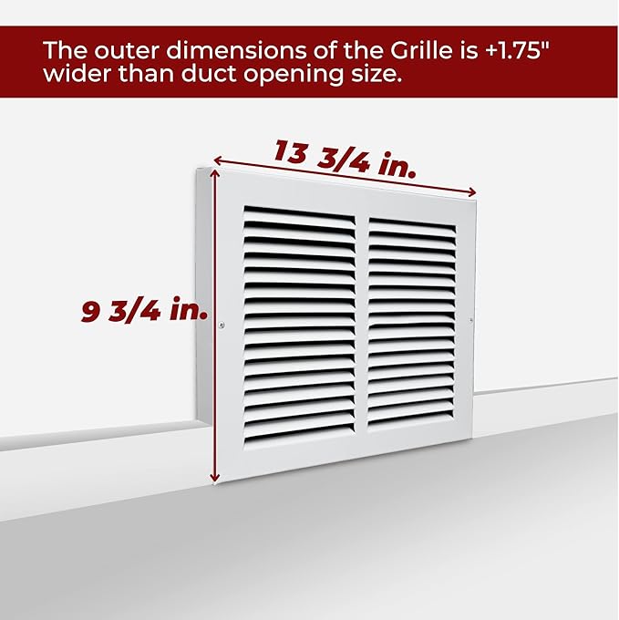 Fits 12x8 Duct Opening | Steel Baseboard Return Air Grille by Handua | Vent Cover Grill | 7/8" Margin Turnback [Depth] to Fit Baseboard | White | Outer Dimensions: 13.75"W X 9.75 "H
