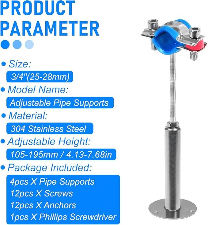 Kodilin 4PCS 304 Stainless Steel Wall Mount Ceiling Mount Pipe Supports,Suitable for OD Pipe 3/4"(25-28mm),Adjustable Height 100-200mm,Adjustable Pipe Strap Clamp with Screws