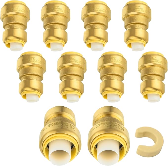 (Pack of 10) Niikappu 1" x 3/4" Reducing Coupling Brass Fittings, Push-to-Connect Plumbing Fitting for Pex, Copper, CPVC, Includes Removal Clip(PF144-10Pack)