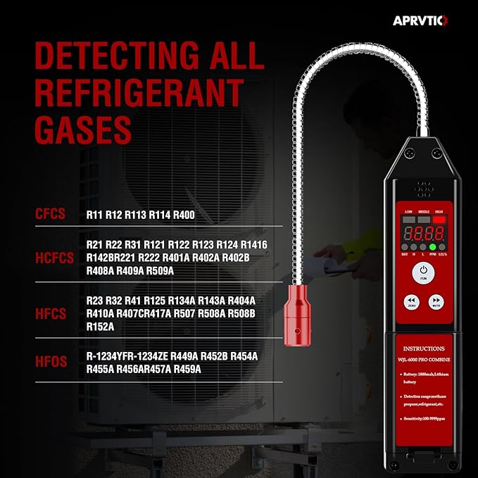 Refrigerant Leak Detector, Aprvtio New Upgrade WJL-6000PRO Freon Leak Detector with Loud Alarm, 1800mAh Rechargeable Battery, Freon Sniffer HVAC Halogen Gas Sniffer for R22 R410A R134A R454B