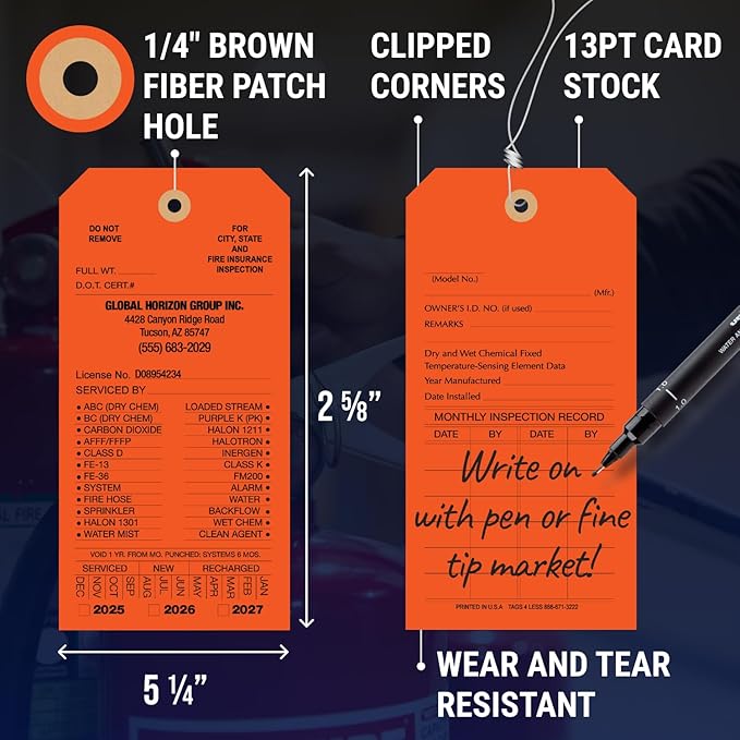 Tags 4 Less Custom Fire Extinguisher Tags – Preventative Maintenance Labels for Monthly Inspections, Alternative to Safety Sticker for Easy Record-Keeping – Pack of 100 (Orange, Cardboard)