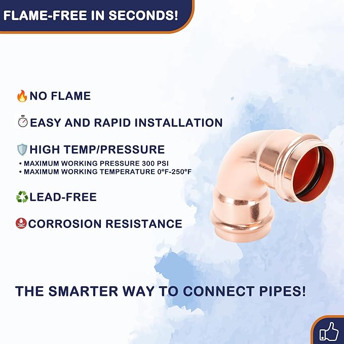 Copper Press Fittings 90 degree Elbow Copper Coupling Zero Lead PxP 1 inch x 1inch for Residential Commercial 5-Pack