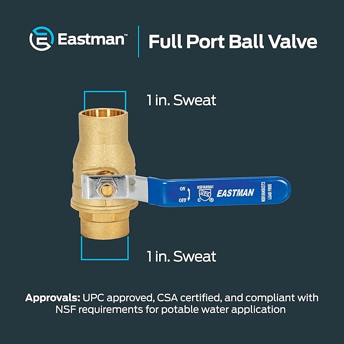 Eastman Heavy Duty Full Port Brass Ball Valve, 1 in Sweat x 1 in Sweat Connection, 20065LF