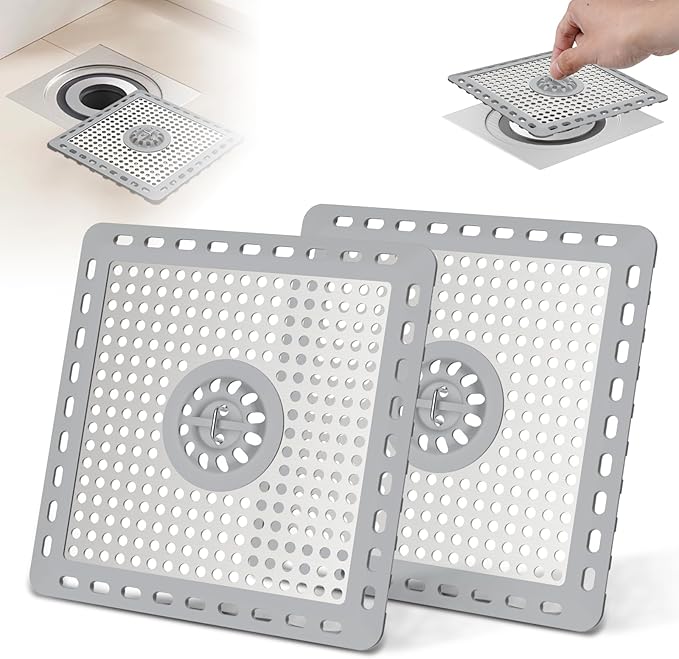 Hibbent 2 Pack Upgraded Shower Drain Hair Catcher, Shower Drain Cover for Bathroom Floor 6" Drain, Anti-Clogging Bathtub Drain Strainer, Stainless Steel Kitchen Sink Drain Strainer with Handle, Grey