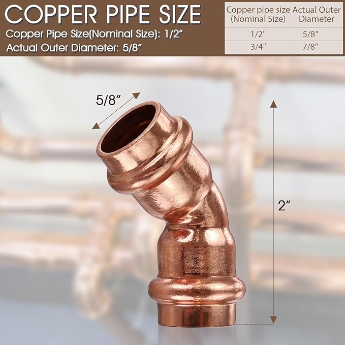 Copper Press Fittings,1/2 inch Copper Coupling 45 Degree Elbow Coupling Zero Lead PxP 1/2 inch x 1/2 inch,12PCS 45-Degree Elbow with 1/2-Inch for Plumbing,OD 5/8”,Use with Hydraulic Press Fitting Tool