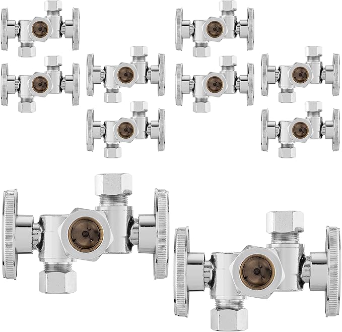 10-PCs HeSun Dual Shut Off Angle Valve, 1/2" Nominal (5/8"OD) x 3/8" OD x 3/8" OD Compression, 1/4-Turn Stop Valve with 2 Shut Offs, PEX Chrome Plated Brass(VALVE134-10)