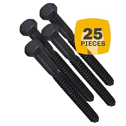 1/2" x 6”, 25-Piece Black Lag Bolts, Rustproof 4-Layer Ceramic BLAKOTE, 2X Protection of Galvanized Lag Screws, for Decks Pergolas by Makers Bolt