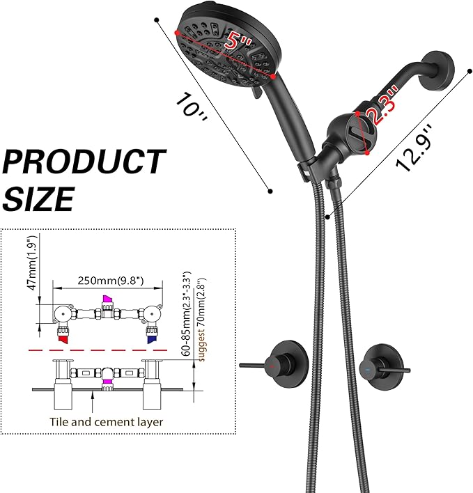 2 Handle Shower Faucet Set with Filter Shower Head Holder Matte Black 2 knobs Shower Faucet Set, Wall Mounted