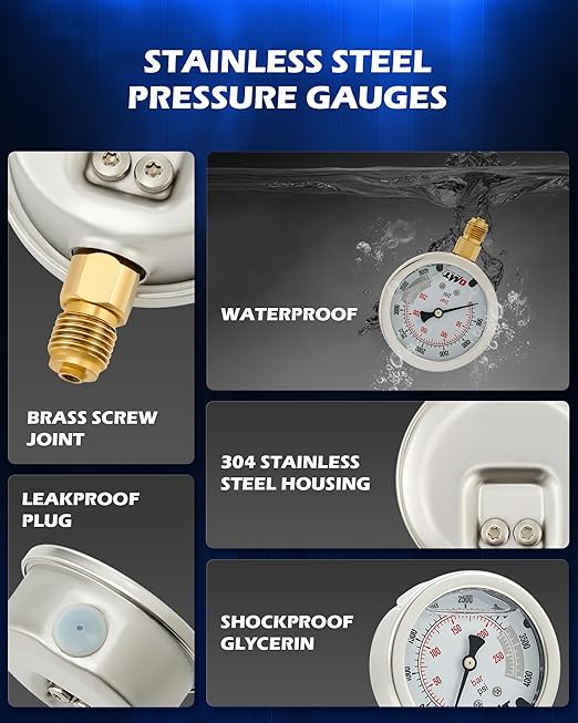 Orion Motor Tech Hydraulic Pressure Test Kit with 3 Gauges 3500 5500 9000 psi, 8 Test Couplings, Quick Connector, & 3 Test Hoses, Hydraulic Gauge Kit for Excavator Construction Machinery