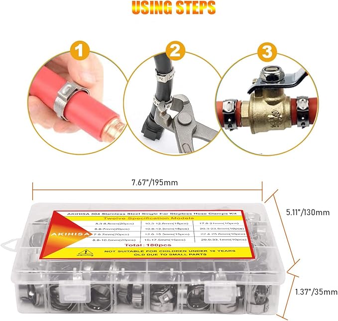 AKIHISA 180 PCS Single Ear Hose Clamps, 12 Sizes 5.3-33.1mm Crimp Hose Clamps with Ear Clamps Pincer, 304 Stainless Steel Crimp Pinch Fitting Tools Kit