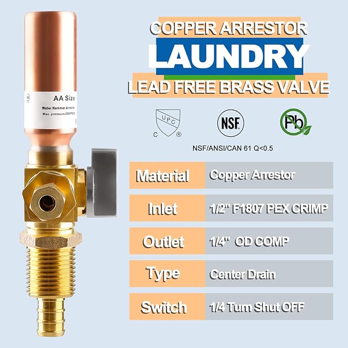 Ice Maker OutLet Box With Copper Water Hammer Arrestor,1/2 Inch F1807 Pex Crimp Inlet x 1/4 Inch OD Compression Outlet,1/4 Turn Ball Vavle Outlet Box For Refrigerator,Water Dispenser