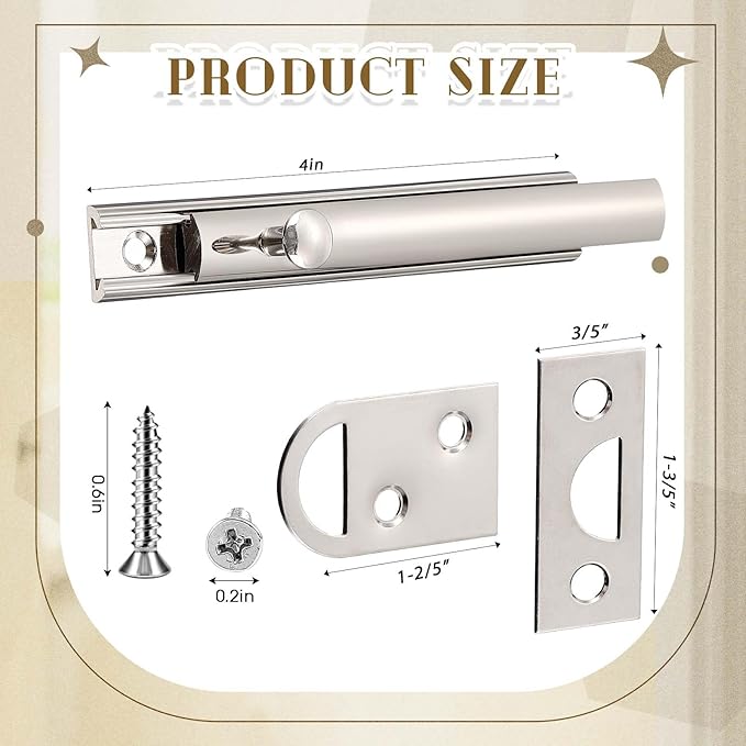 Lothee 4 Pcs Solid Brass Surface Bolt Door Slide Bolt Door Latches for Top of Slide Latch Lock(4",Silver)
