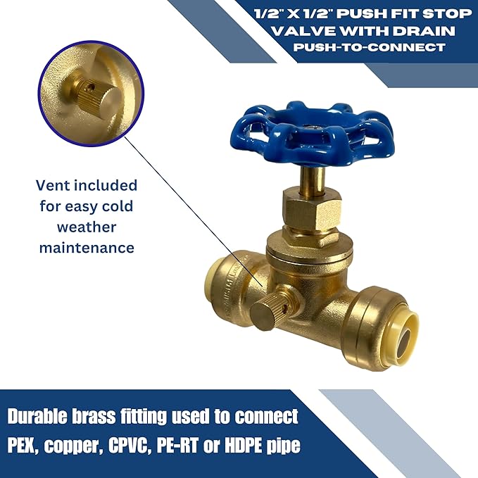 XFITTING 1/2 inch Push Fit Stop Valve with Drain and Vent, Push to Connect Brass Plumbing Fitting, Pex Pipe, Copper, CPVC, PE-RT, HDPE, (2-5-1=2), 2 Pieces