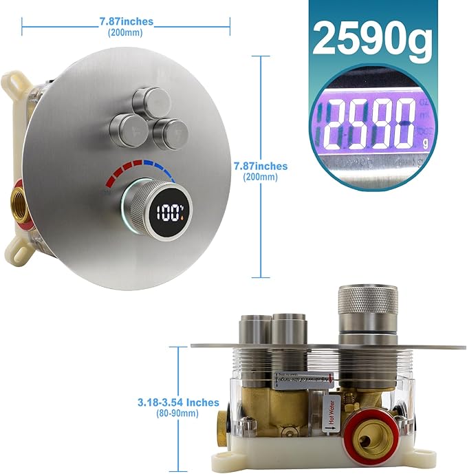 Round Digital Display Shower Valve 3 Way Shower Mixing Valve Concealed Installation Can Use All the Time Brushed Nickel