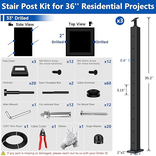 36" Expandable 8-12FT Black T304 Cable Railing Post Kit, Complete Cable Railing System with 3 Stair Posts, 134ft 1/8" Wire Rope(No Handrail), Adjustable Length Easy DIY for 25-35°Stairway